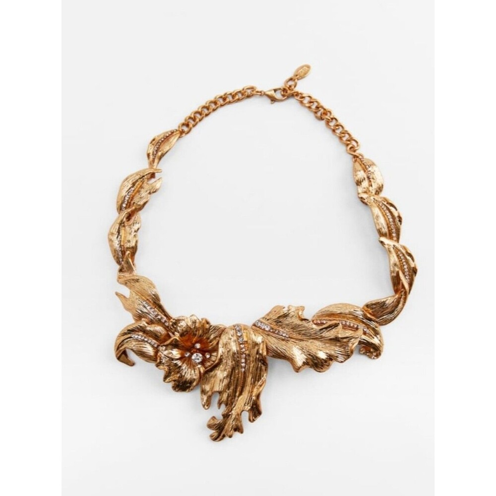 Zara Sparkly Gold Tone Flower Leaf Crystal Embellished Abstract Necklace